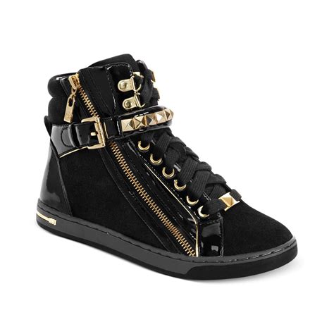 michael kors high top sneakers black and gold|Michael Kors black leather sneakers.